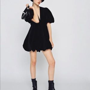Black Zara velvet mini dress with puff sleeves